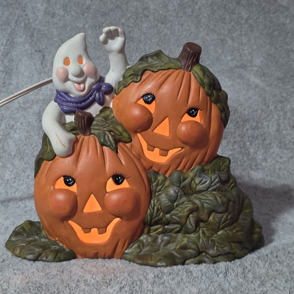 VTG Hand Painted Ceramic Halloween Lighted Ghost & Jack O Lantern Pumpkin w Cord